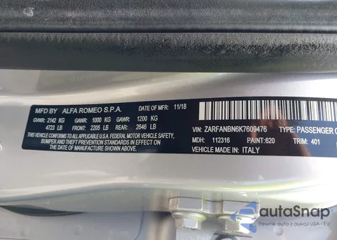 2019 Alfa Romeo Giulia Ti Sport Awd из США, поврежденный, VIN ZARFANBN6K7609476